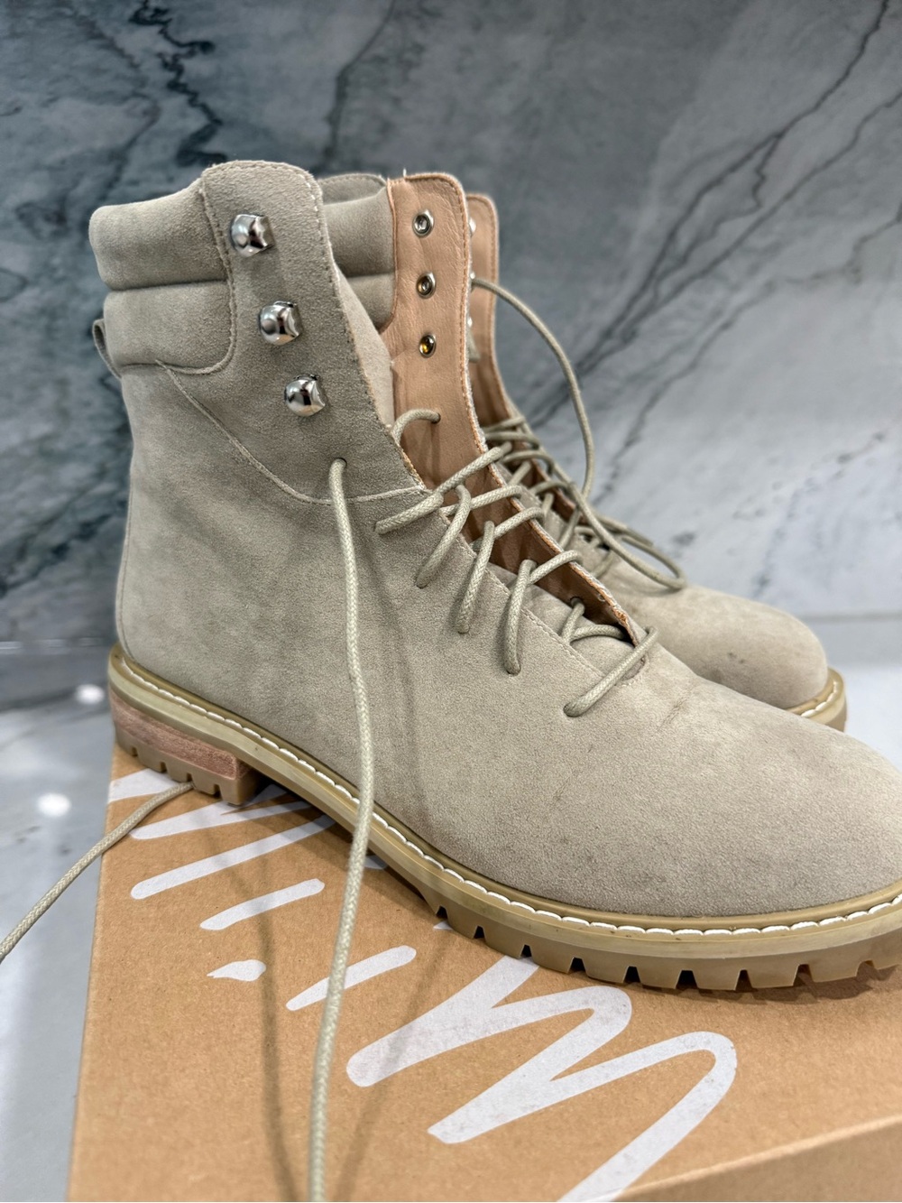 Suede Lace-Up Ankle Boots in Light Taupe